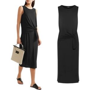 Theory Dorotea K Cotton Tie-Front Sleeveless Midi Dress in Black Interlock knit